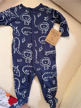 Sterling Baby Navy Organic Cotton Footie with Lion & Crocodile Print
